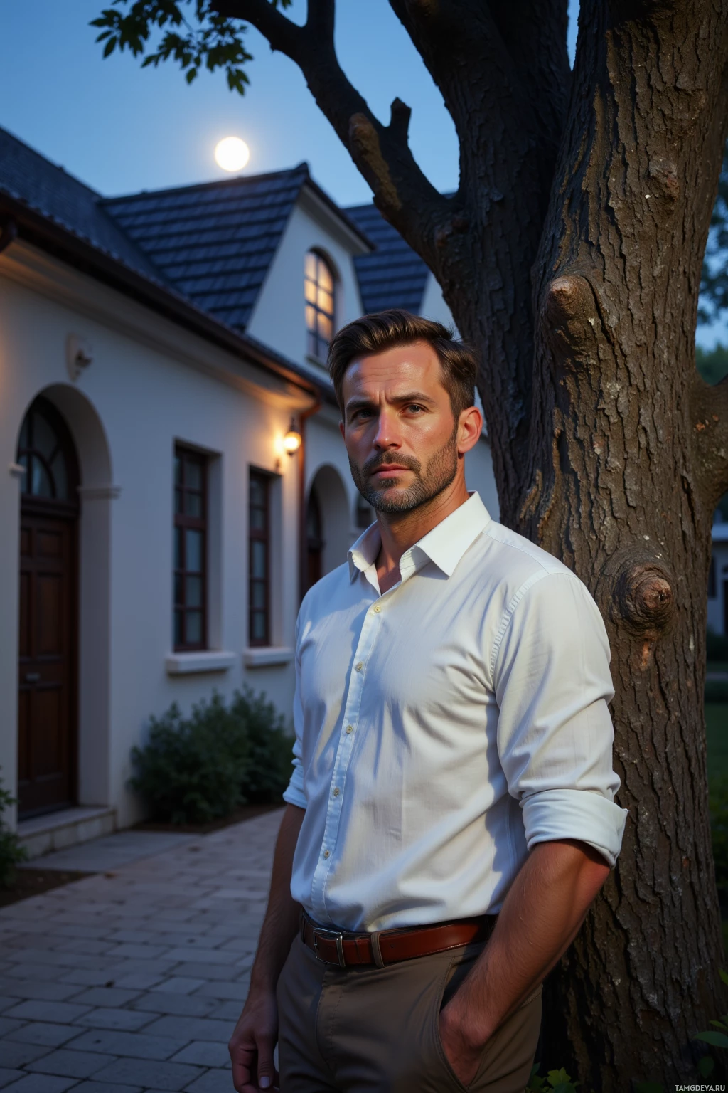 A man in a white shirt stands near a tree in front of a house at dusk.