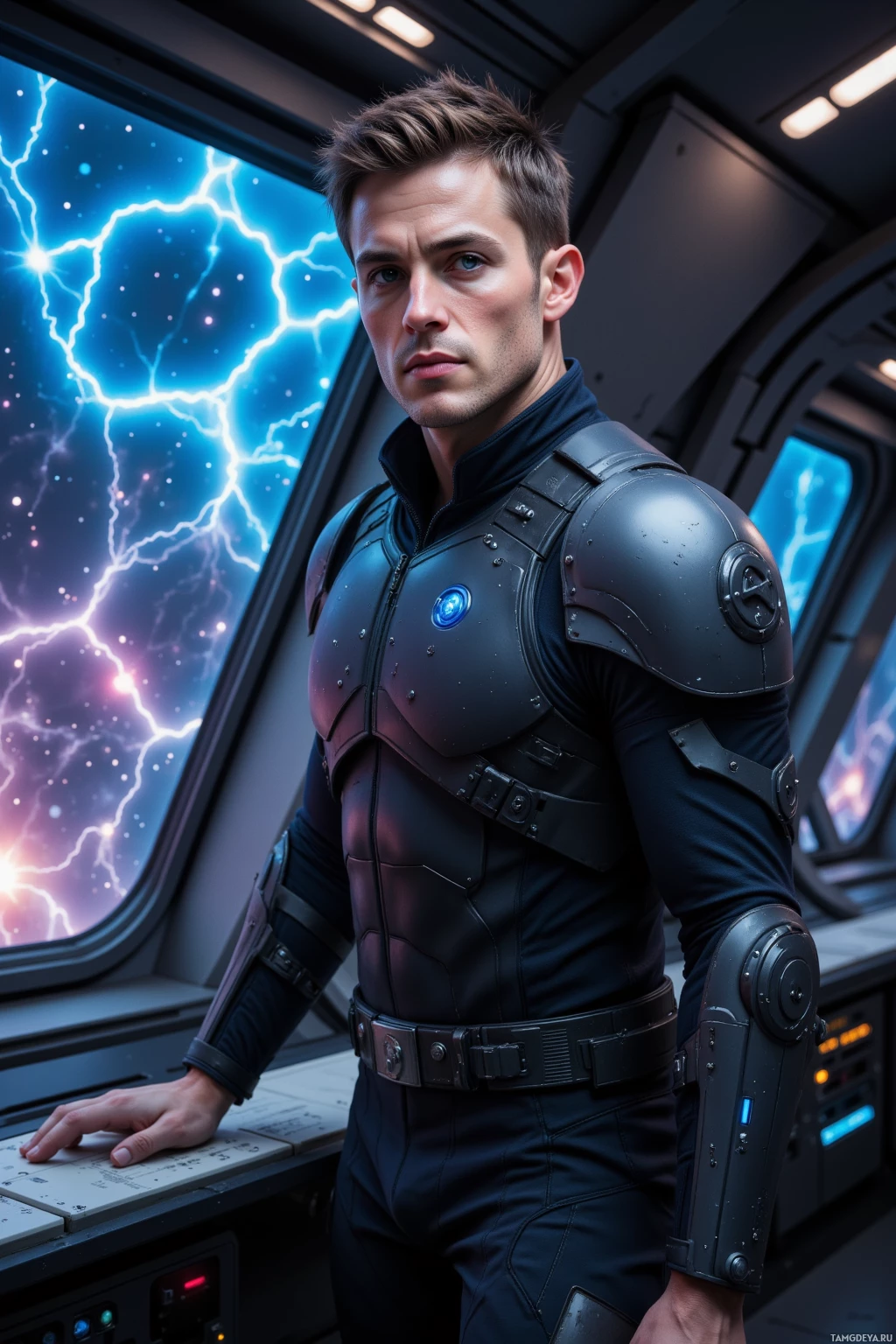 A person in a futuristic armored suit stands in a high-tech environment with a lightning-filled window behind them.