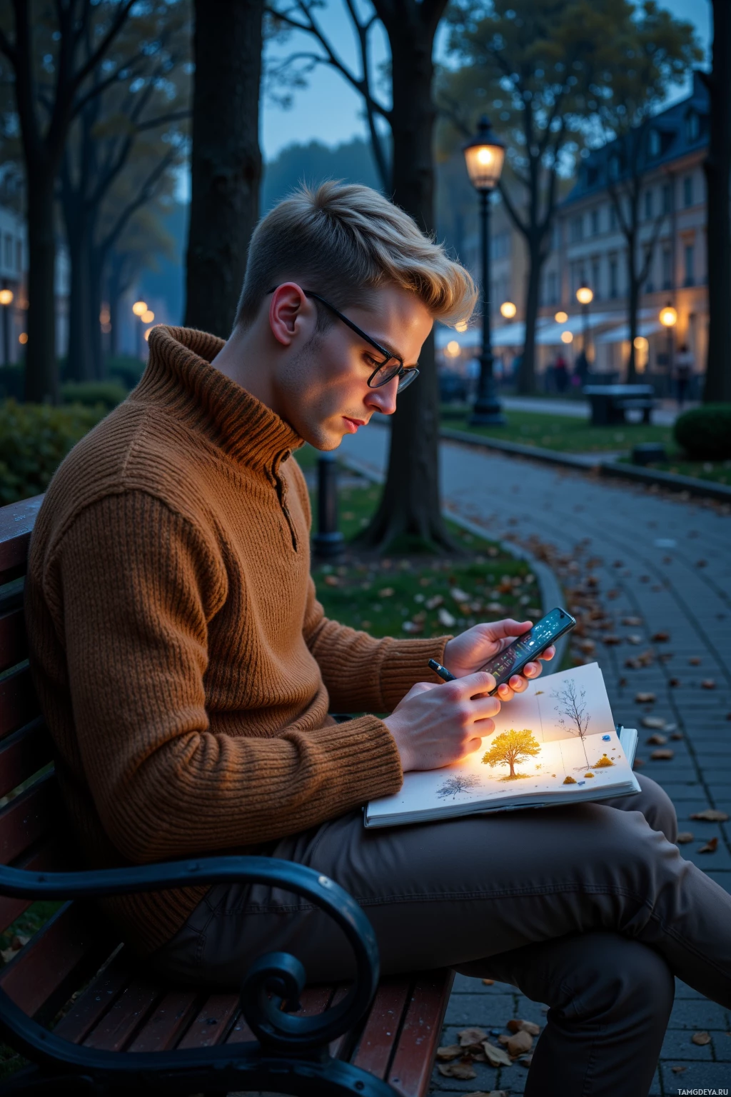 A person sits on a bench in a park, holding a phone and a notebook, with a lamp post and trees in the background.