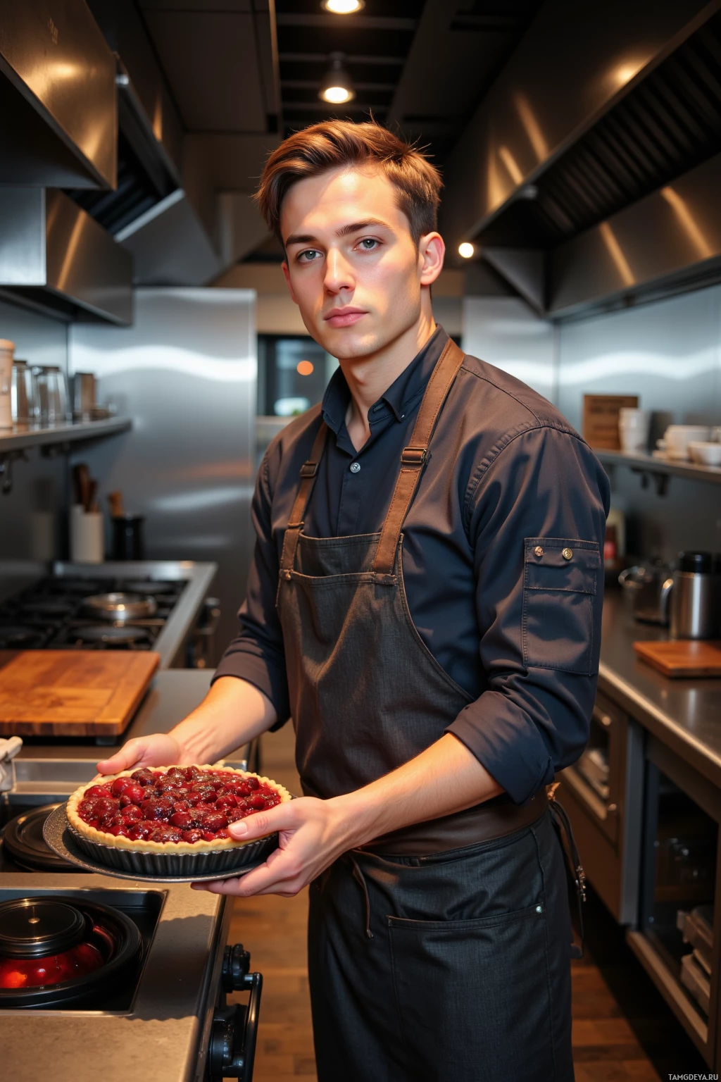A person in a kitchen holds a pie with a cherry topping.