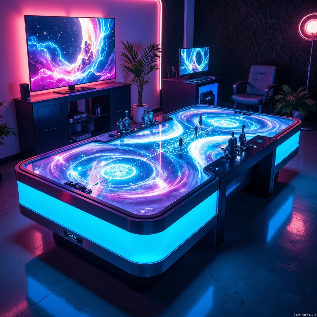 A futuristic gaming setup featuring a glowing table with a cosmic design, surrounded by ambient lighting and a large TV displaying a vibrant space scene.