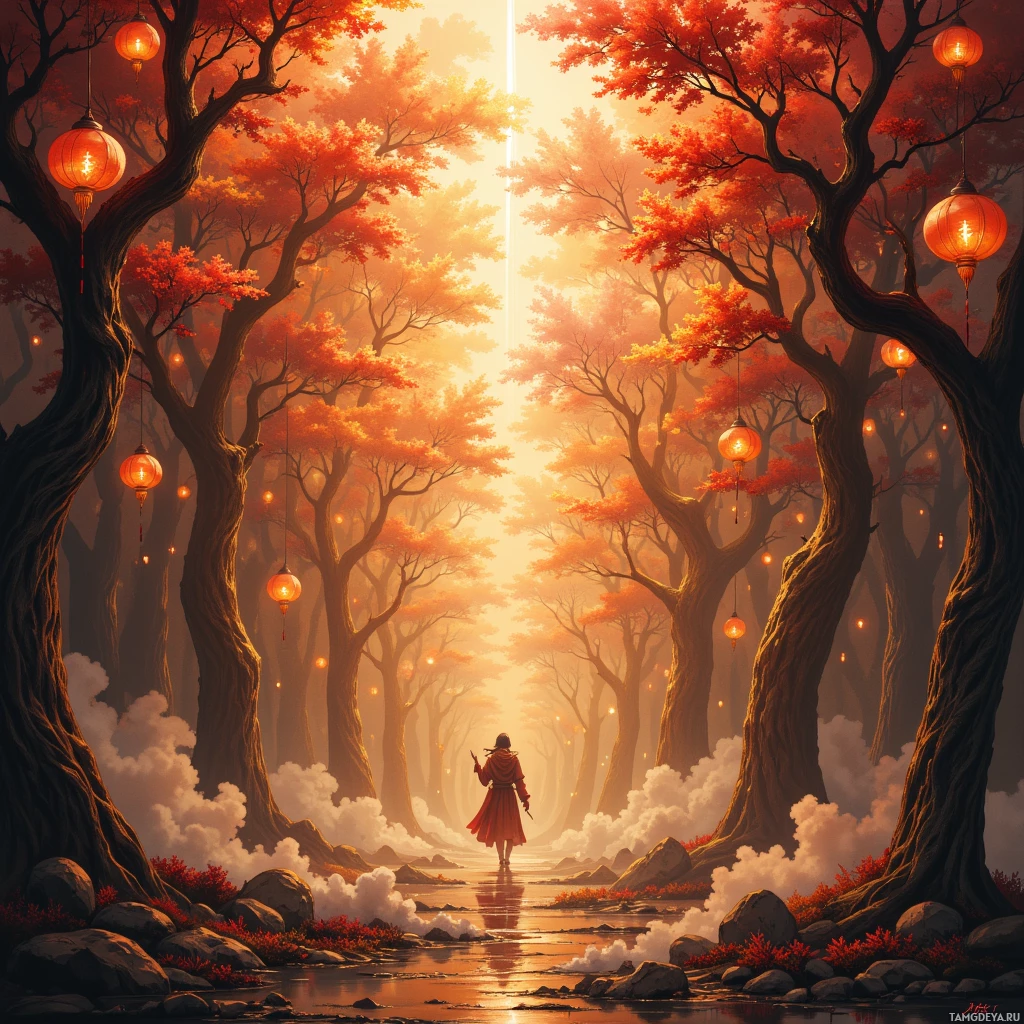 A serene forest scene with red autumn foliage, hanging lanterns, and a figure walking along a path.