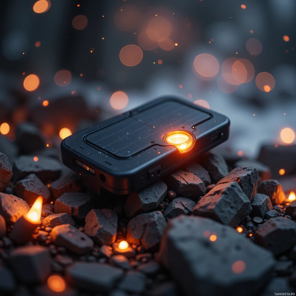 A rugged, black device with a glowing light sits atop a pile of dark rocks against a backdrop of warm, glowing bokeh lights.
