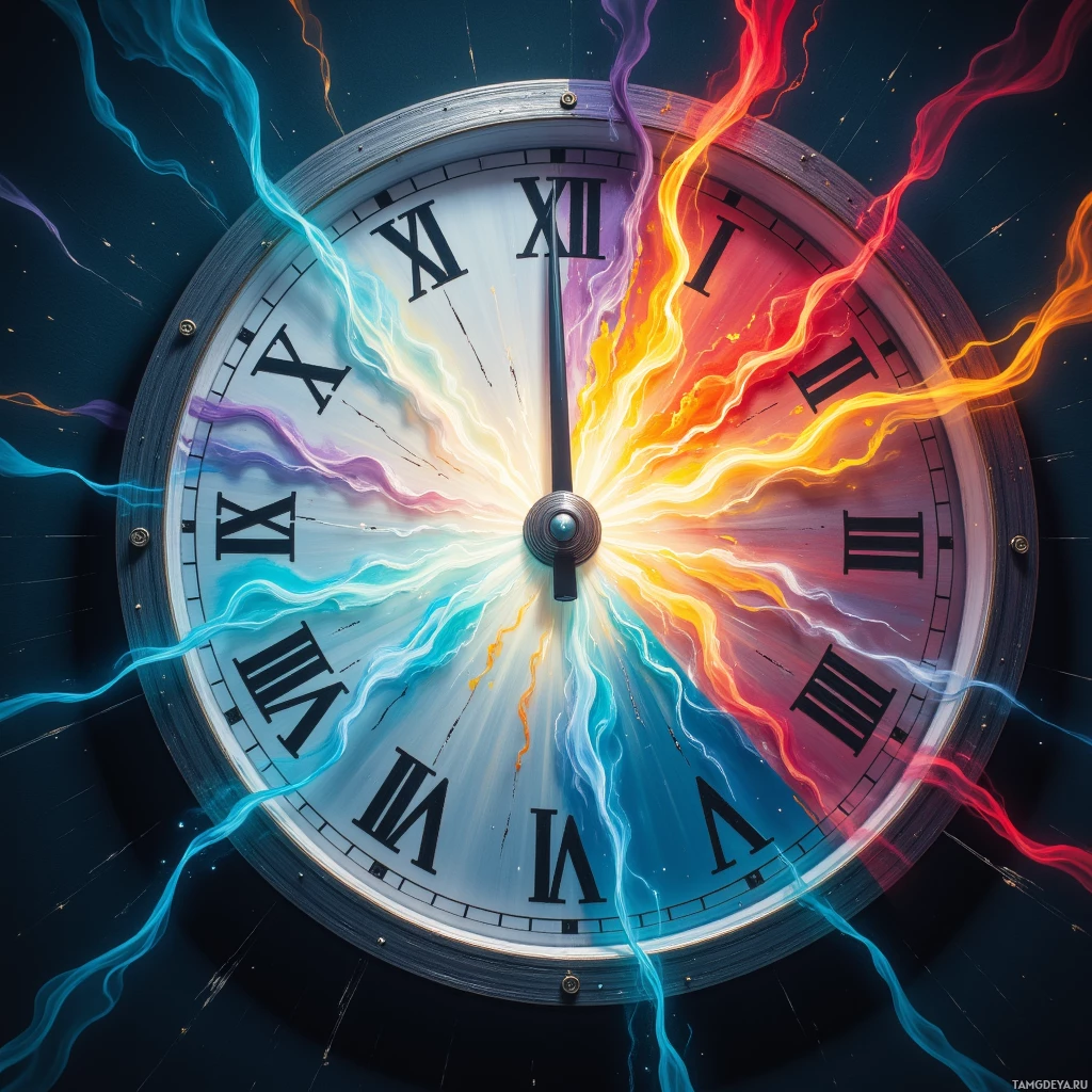 A clock face with Roman numerals is surrounded by vibrant, swirling energy in blue, yellow, and red hues.