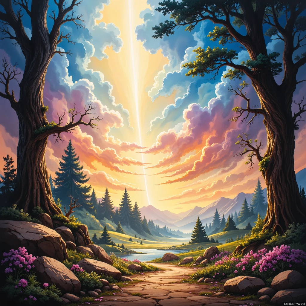 A serene landscape featuring a path leading through a forest with vibrant flowers and majestic mountains under a colorful sky.