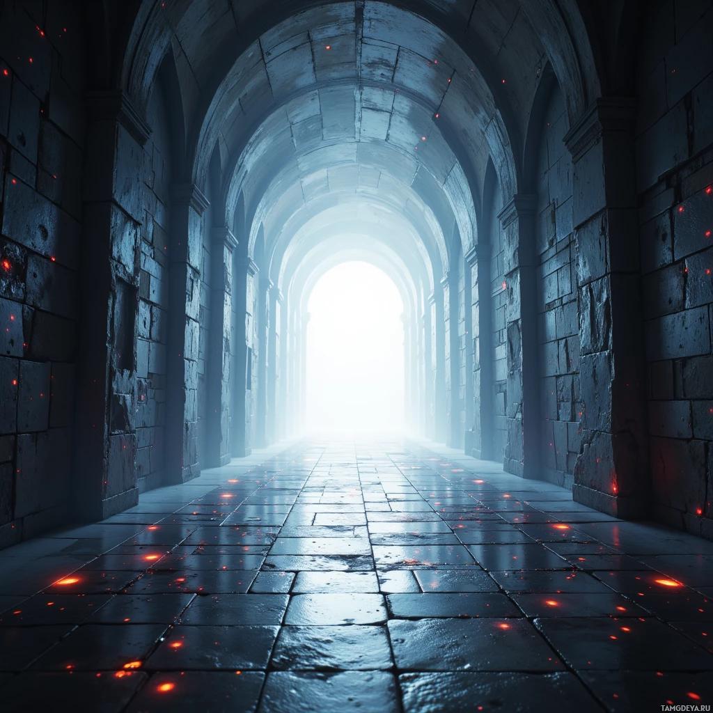 A dimly lit stone corridor with glowing red embers on the floor leads to a bright light at the end.