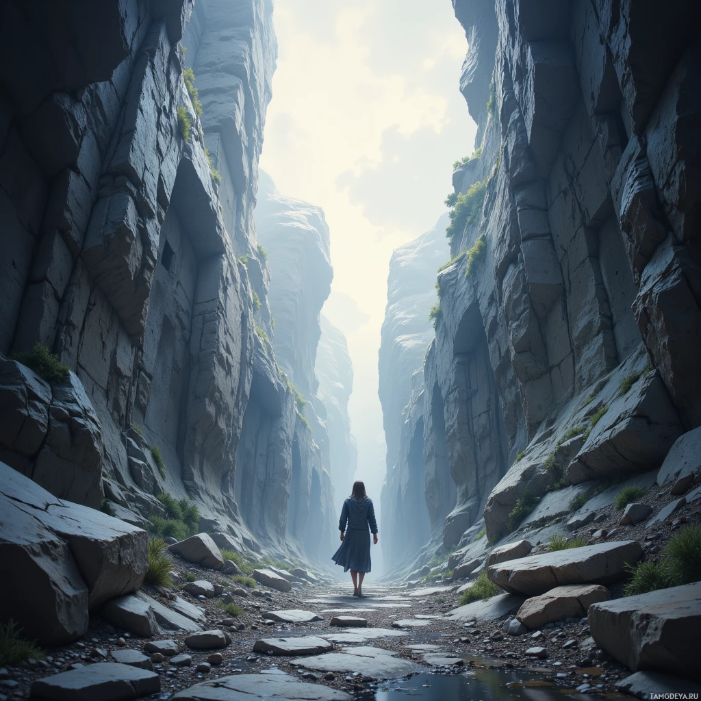 A lone figure walks through a narrow canyon with towering rock walls and a misty sky above.