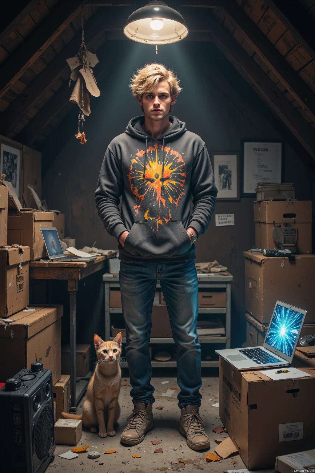 A person stands in a cluttered attic space with a cat sitting on the floor beside them.