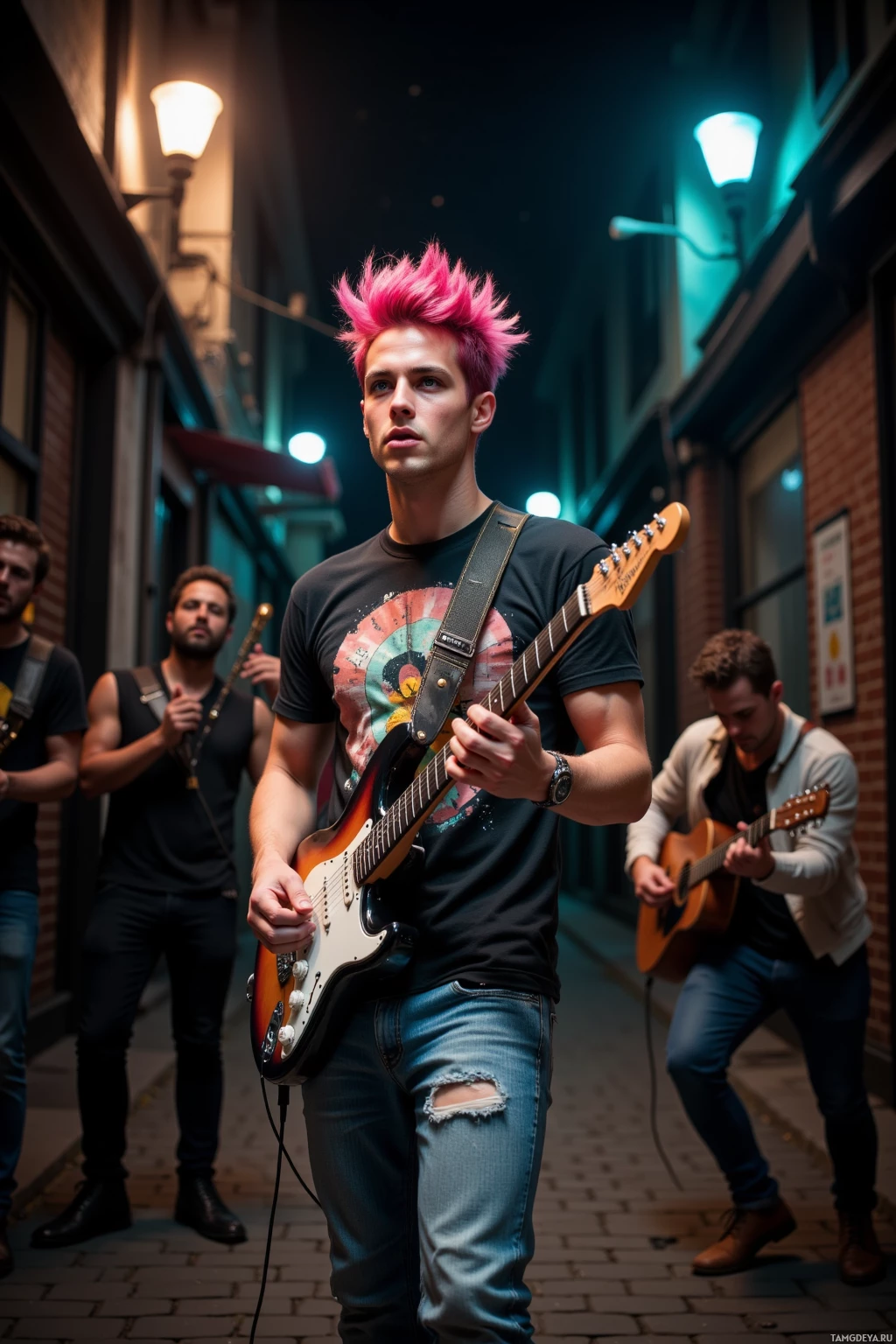 A young man with pink hair plays an electric guitar on a street at night.