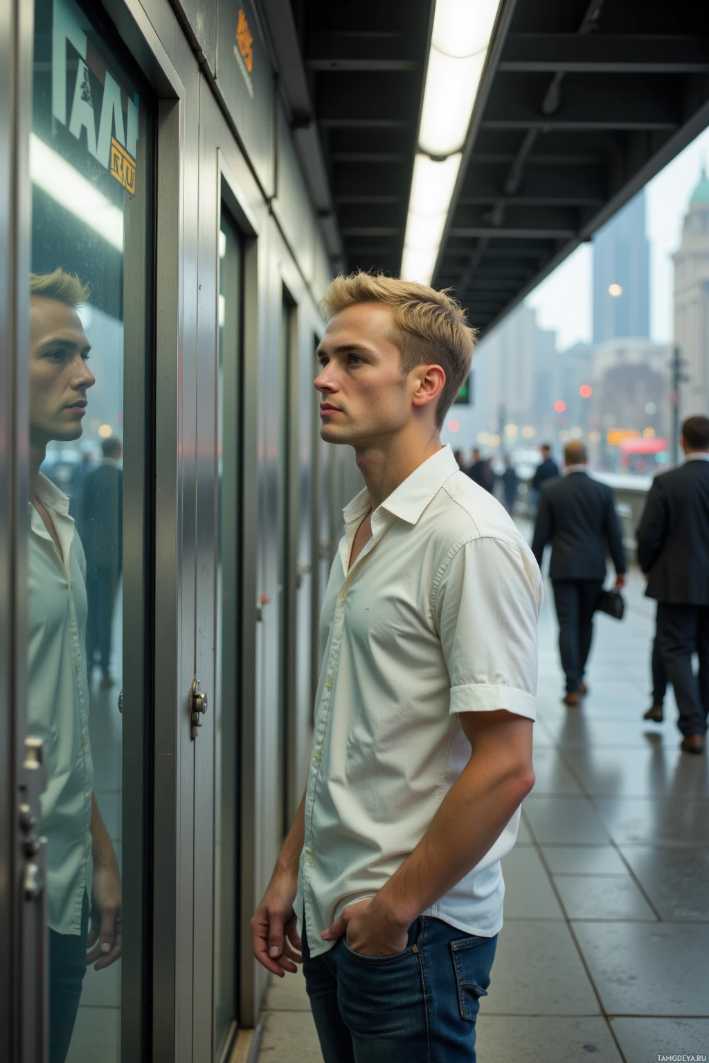 A man in a white shirt stands on a city sidewalk, looking off to the side.