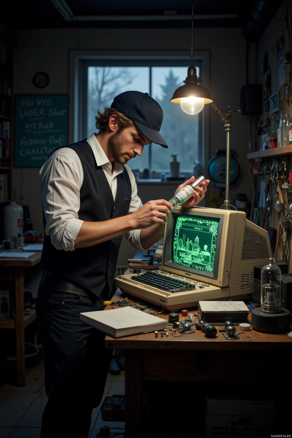 A man in a workshop examines a tube while an old computer monitor displays a cityscape.