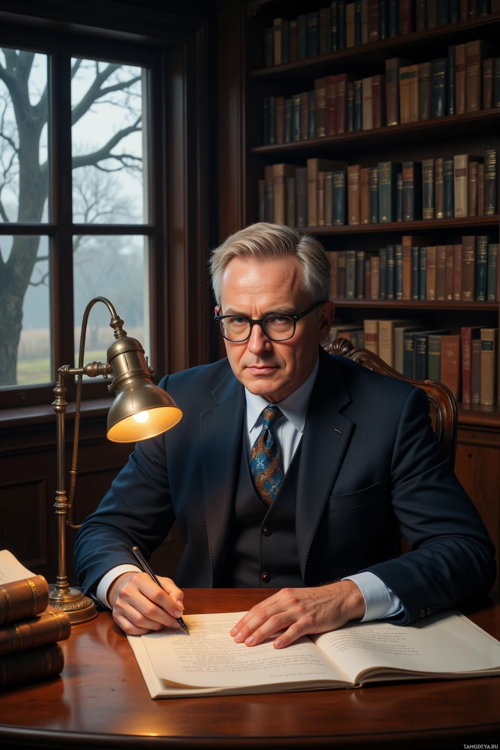 A man in a suit sits at a desk in a library, writing in a notebook.