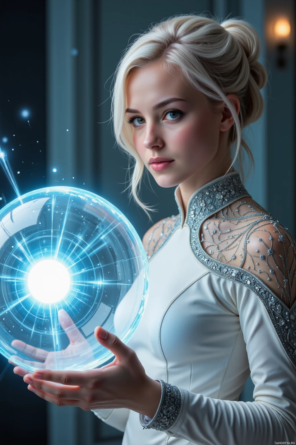 A woman in a white, beaded outfit holds a glowing, futuristic orb.