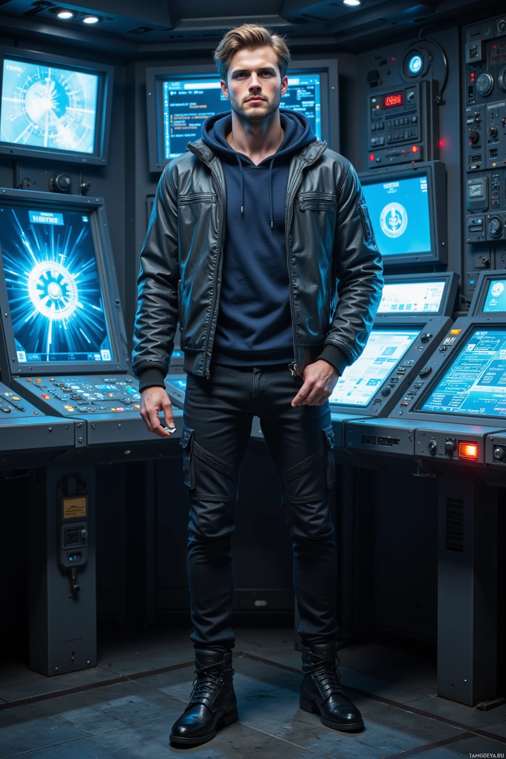 A man stands in a futuristic control room with multiple screens and advanced equipment.