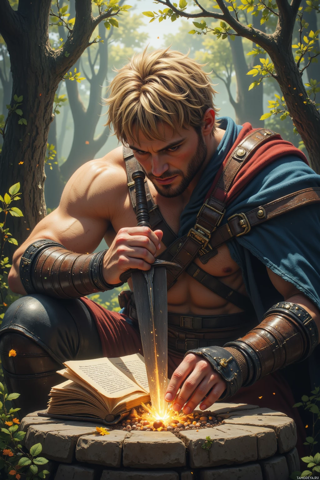 A muscular man in a forest setting, holding a sword and kneeling beside an open book with glowing sparks.