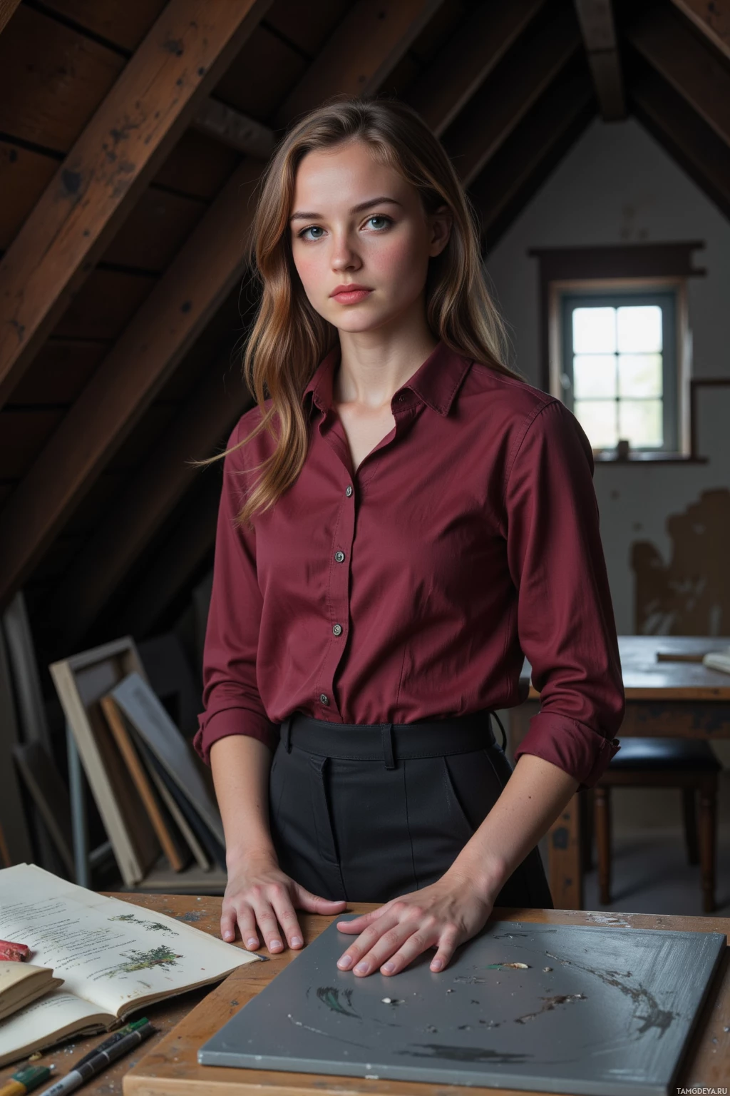 A person stands in a room with wooden beams, wearing a maroon shirt and black pants, with hands resting on a table.