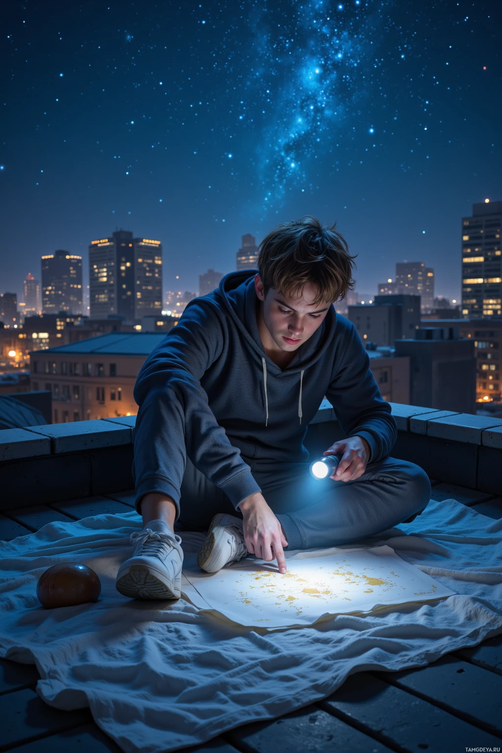 A person sits on a rooftop at night, illuminated by a flashlight, examining a map spread out on a blanket.