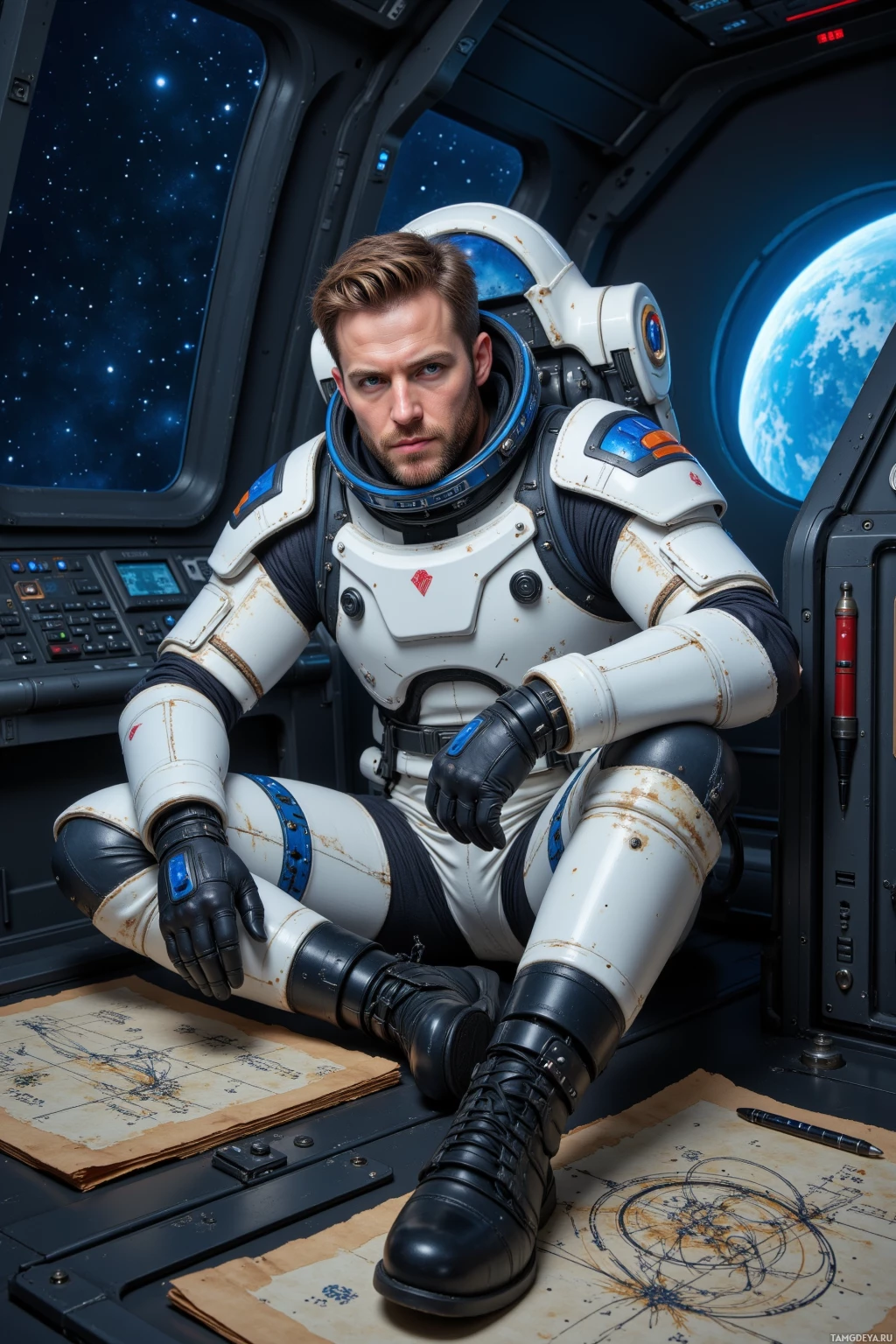 A person in a futuristic space suit sits inside a spacecraft, surrounded by starry space and a view of Earth.