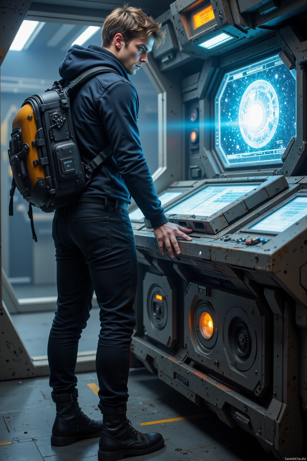 A person in a futuristic setting, wearing a hoodie and a backpack, stands near a control panel with glowing screens.