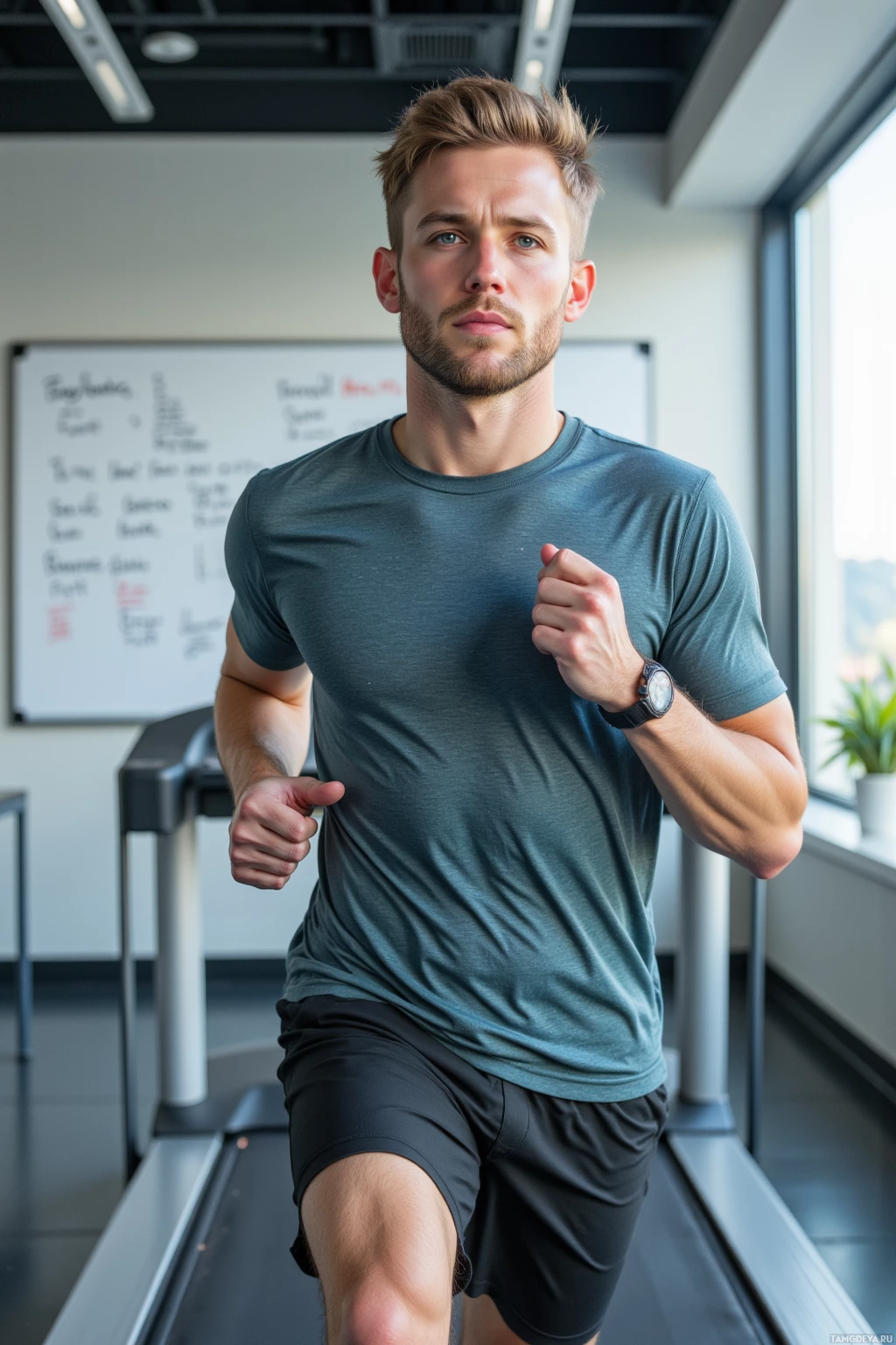 A man is running on a treadmill in a gym.