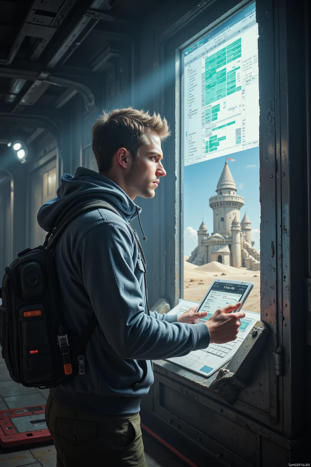 A person in a hoodie and backpack stands at a control panel, looking out at a castle in the distance.