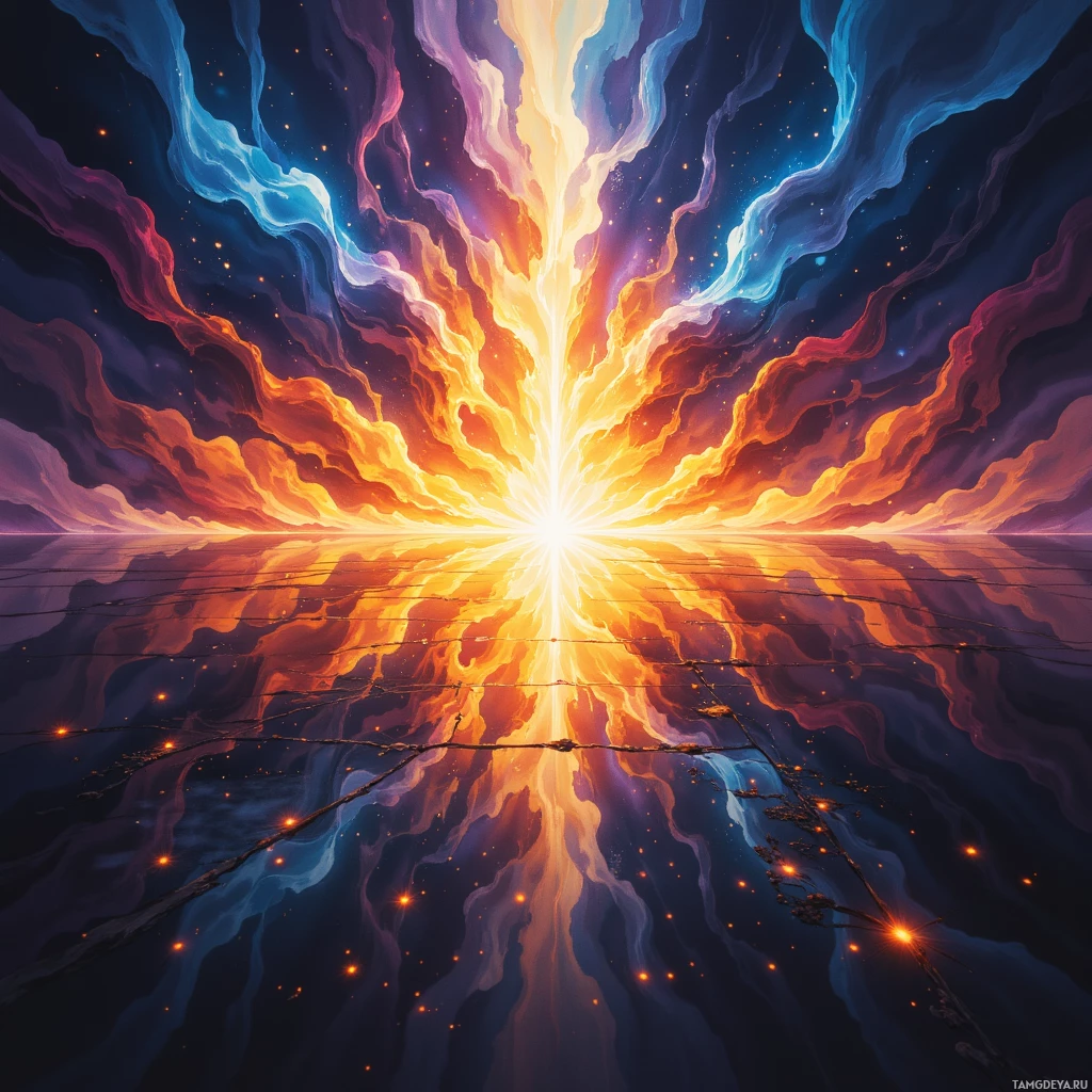 A vibrant cosmic explosion with swirling colors and glowing particles.