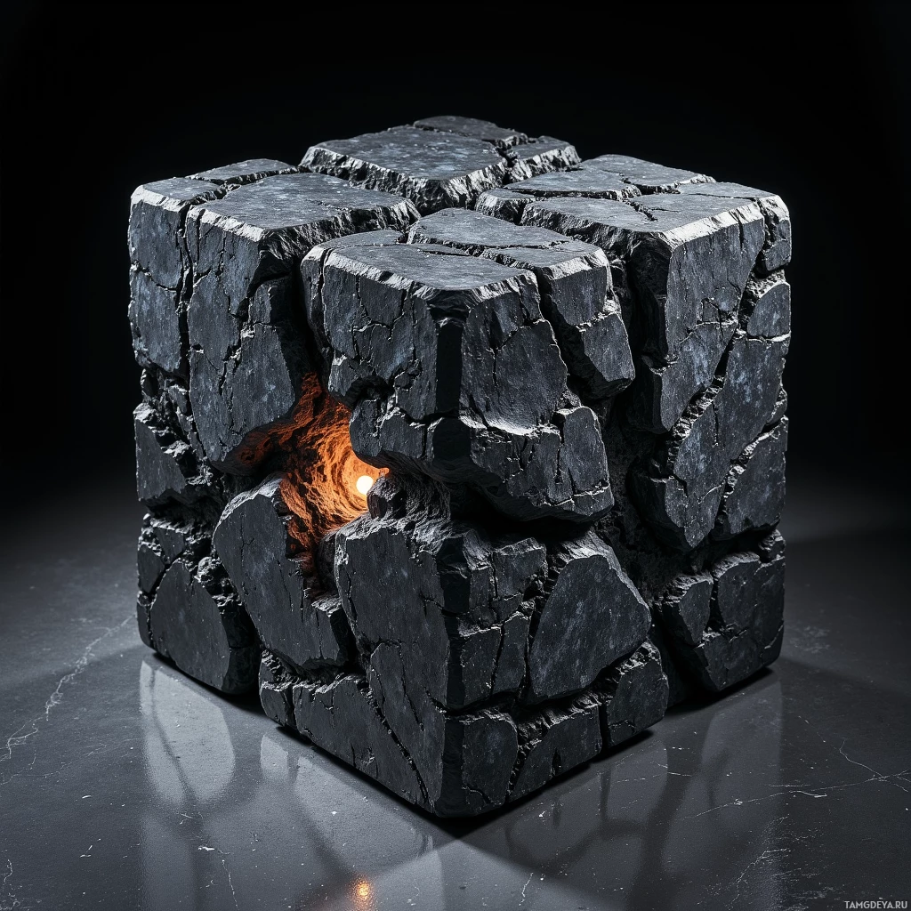 A black stone cube with a glowing orange interior sits on a dark surface.