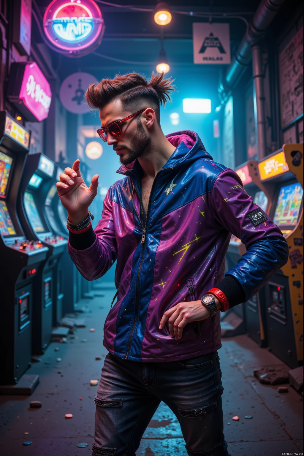 A man in a vibrant jacket stands in a neon-lit arcade.