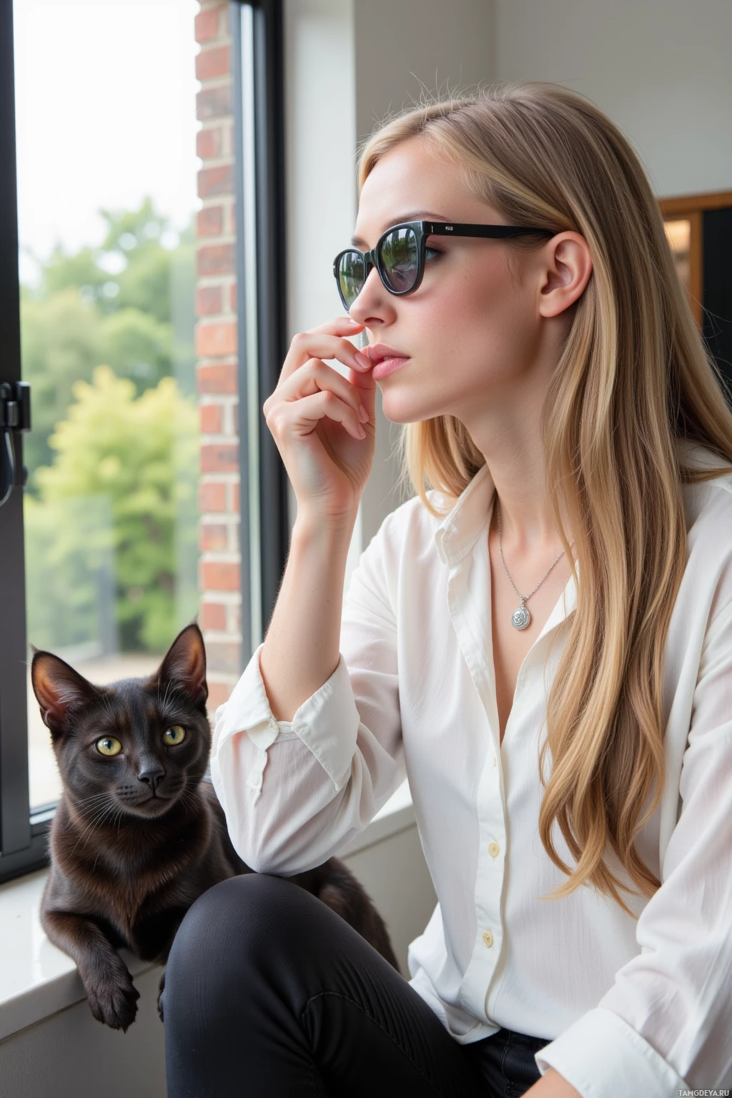 A woman in a white shirt sits by a window with a black cat.