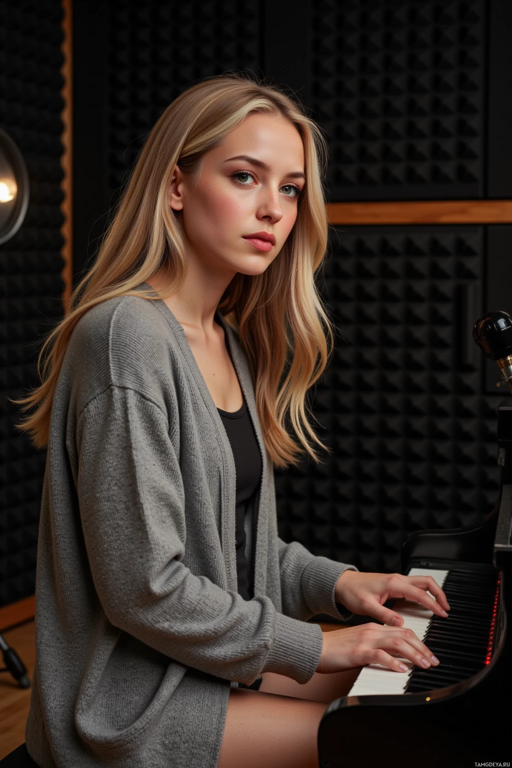 A young woman with long blonde hair sits at a piano in a recording studio.