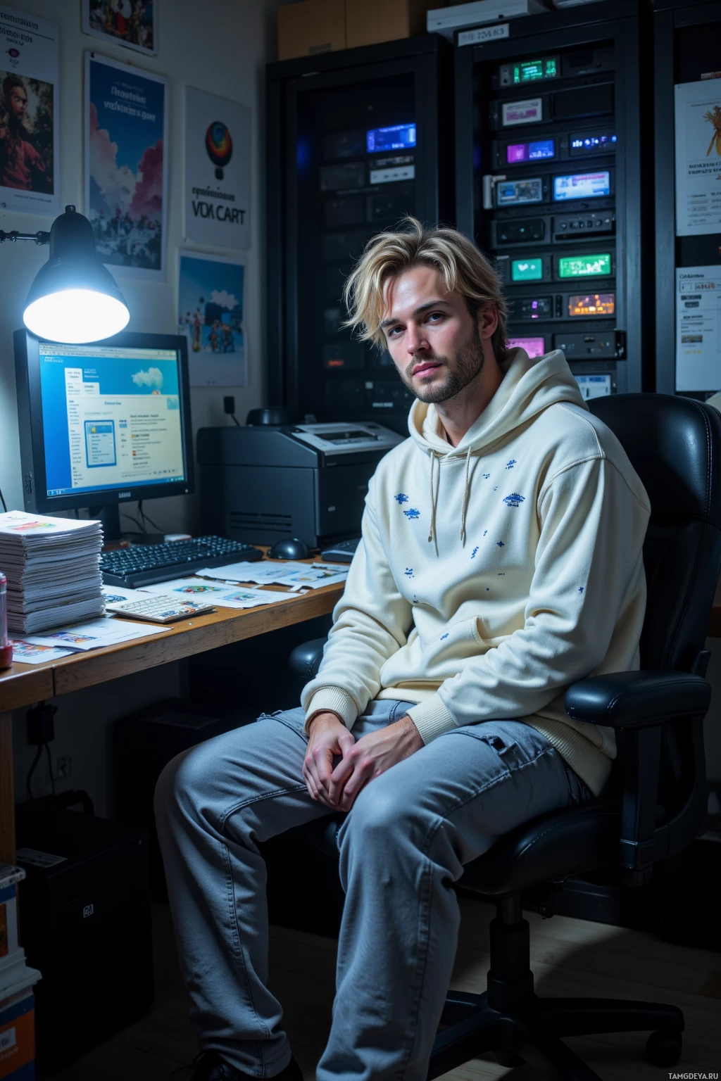 A person sits in a chair in a dimly lit room with a computer setup and various posters on the wall.