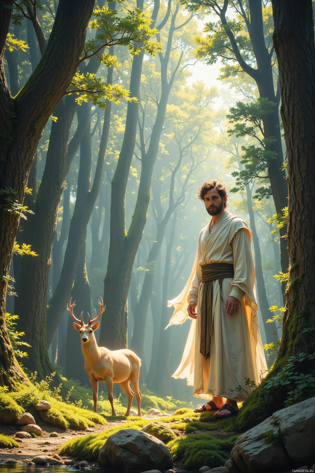 A man in a robe stands in a serene forest with a deer nearby.
