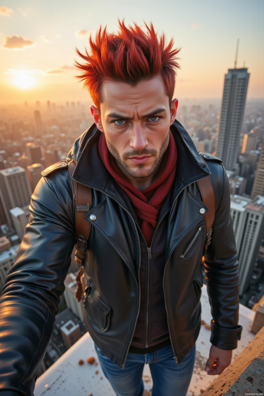 A man with red hair stands on a rooftop overlooking a cityscape at sunset.