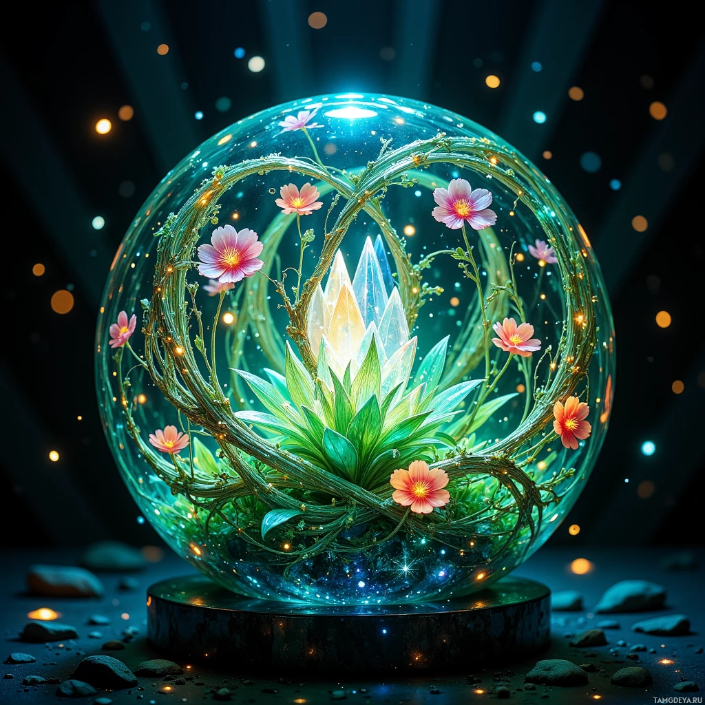 A glowing crystal sphere containing vibrant flowers and greenery, set against a dark, starry background.