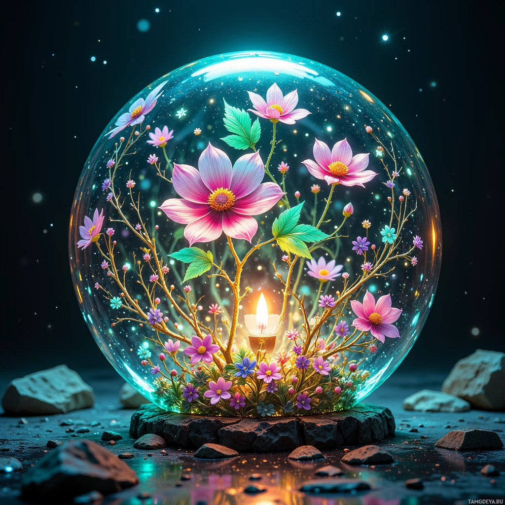 A glowing crystal sphere containing vibrant flowers and a lit candle, set against a dark, starry background.