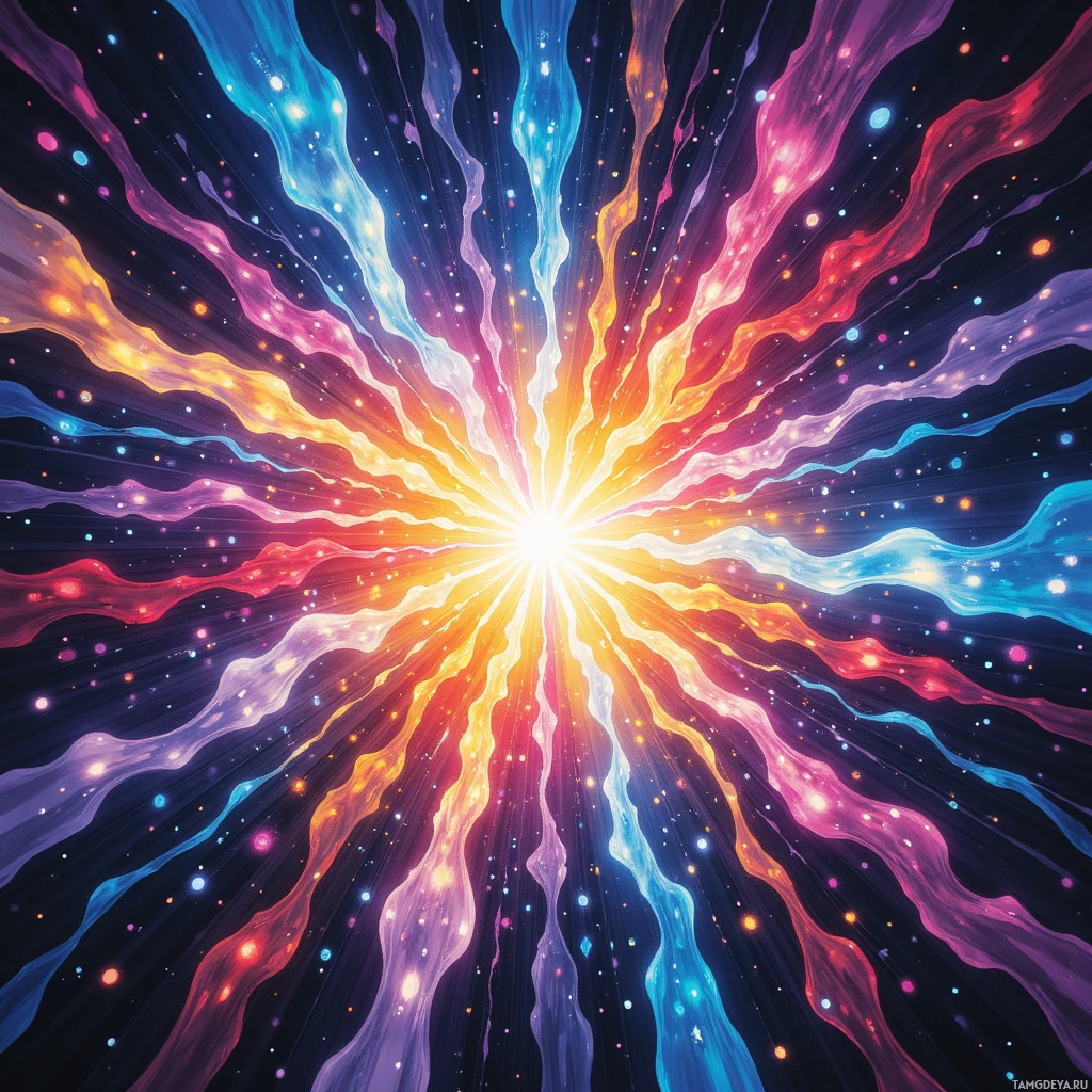 A vibrant cosmic explosion with radiating streams of light in various colors against a dark background.