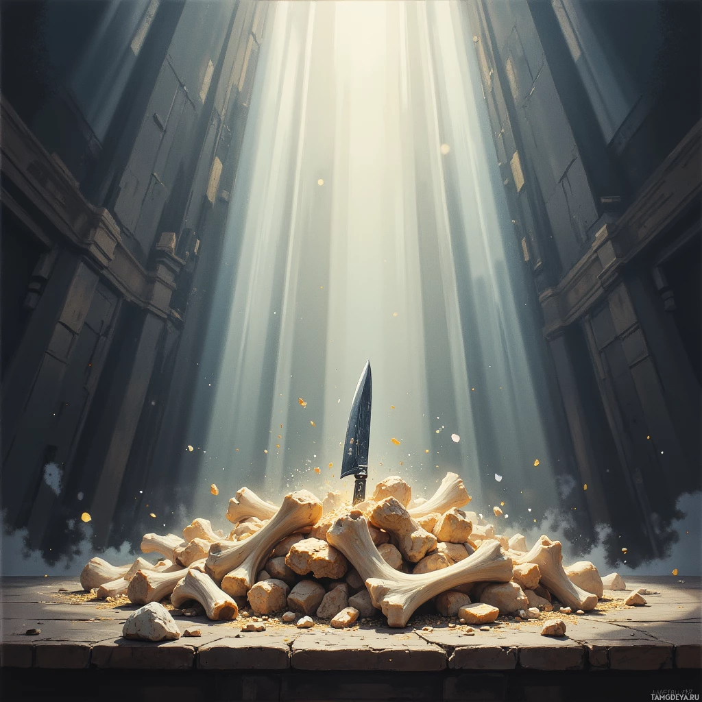 A pile of bones with a knife sticking out, set against a backdrop of sunbeams streaming through a narrow alleyway.