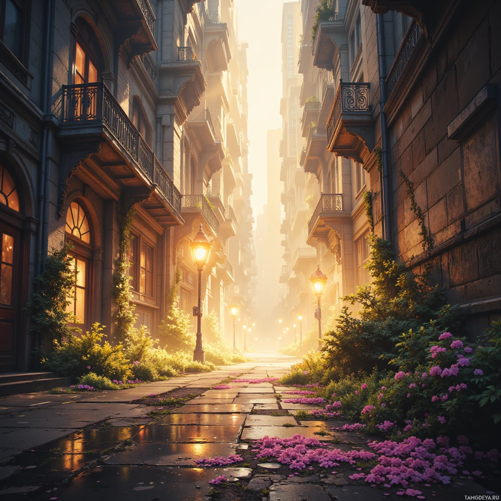 A sunlit alleyway lined with ornate buildings and blooming flowers.