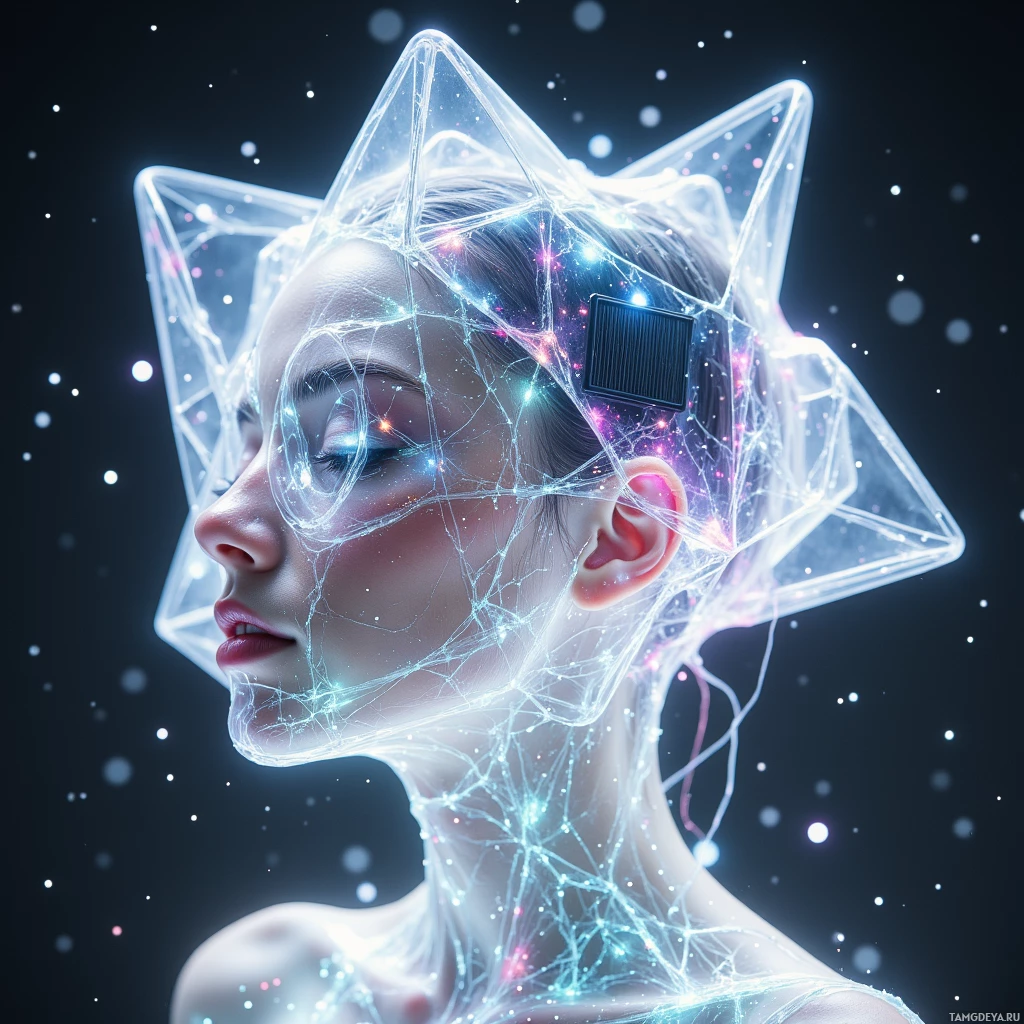 A person with a glowing, networked headpiece and a small solar panel on the side.