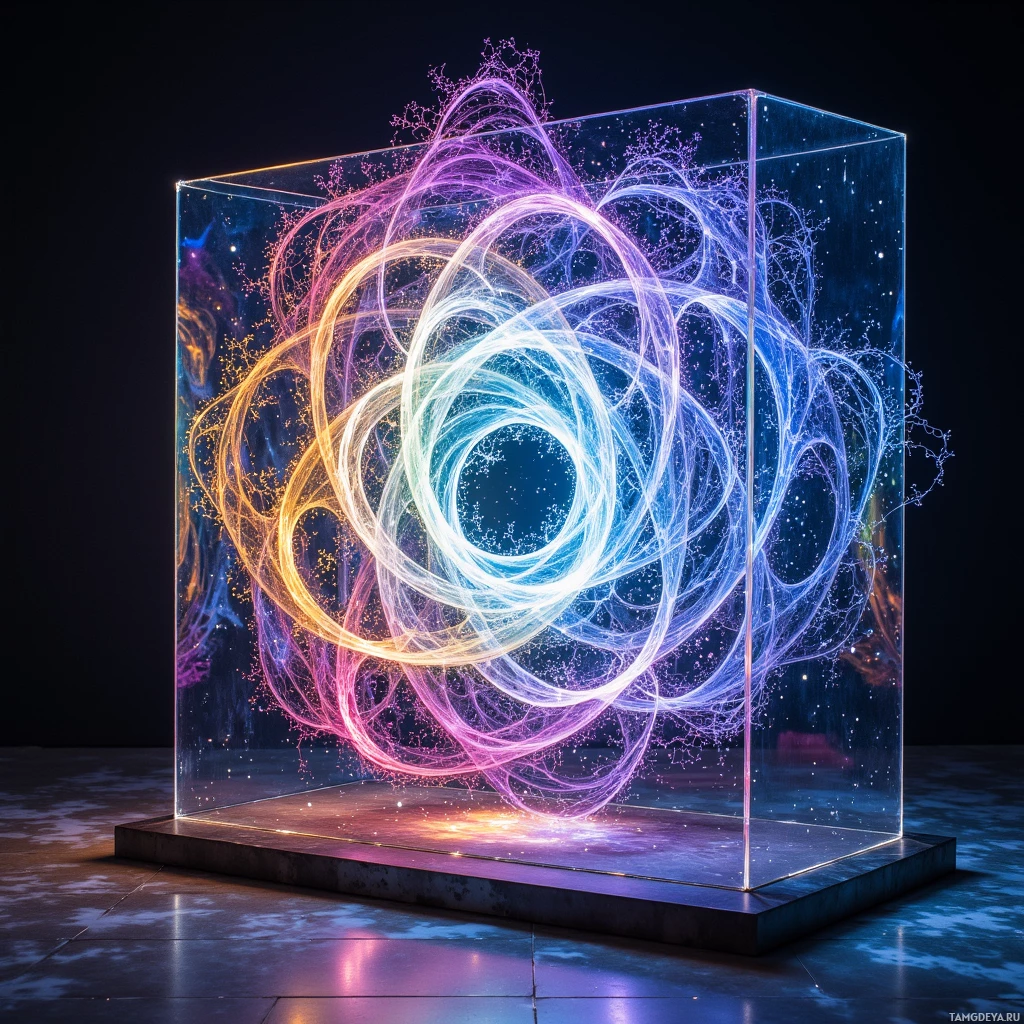 A glowing, abstract, multicolored light sculpture within a transparent cube.