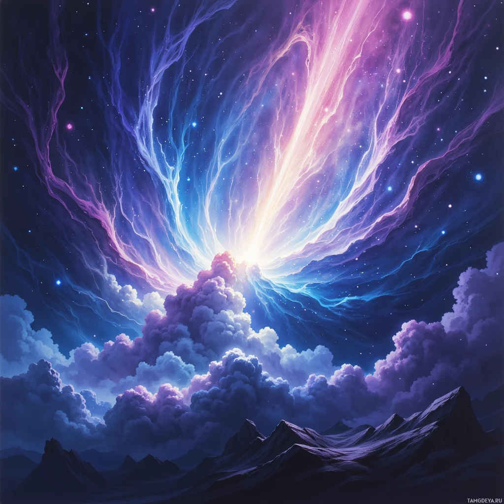 A vibrant cosmic scene with swirling nebulae, glowing stars, and mountainous terrain.