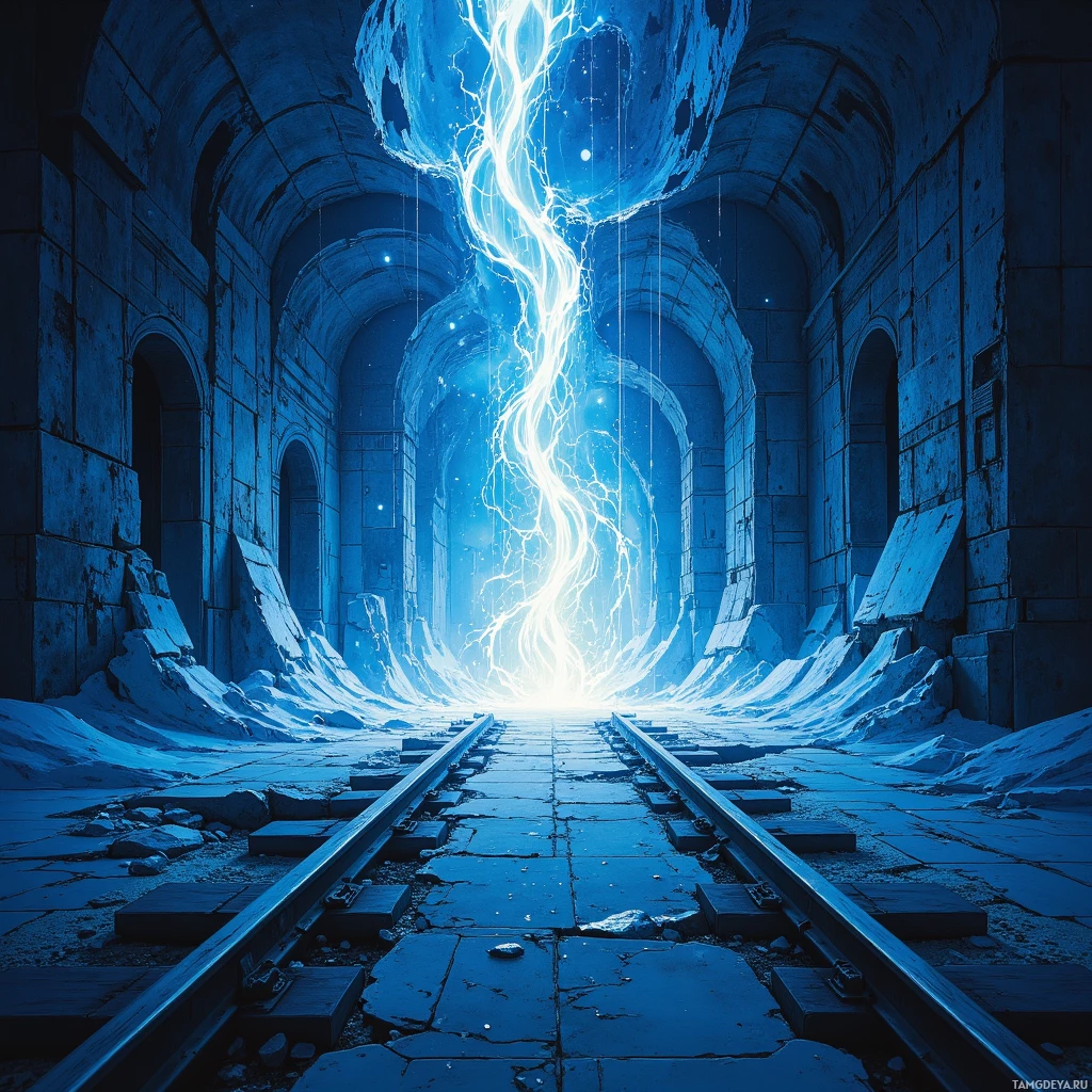 A dilapidated railway tunnel with a glowing, electric light at the end.