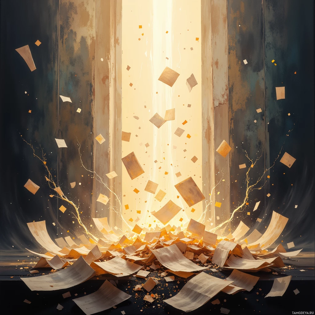 A window with light streaming in, papers and confetti falling, creating a dynamic and celebratory scene.