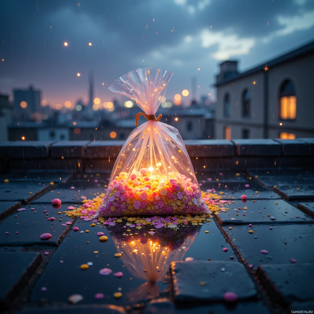 A plastic bag filled with colorful sprinkles sits on a wet rooftop under a rainy sky.
