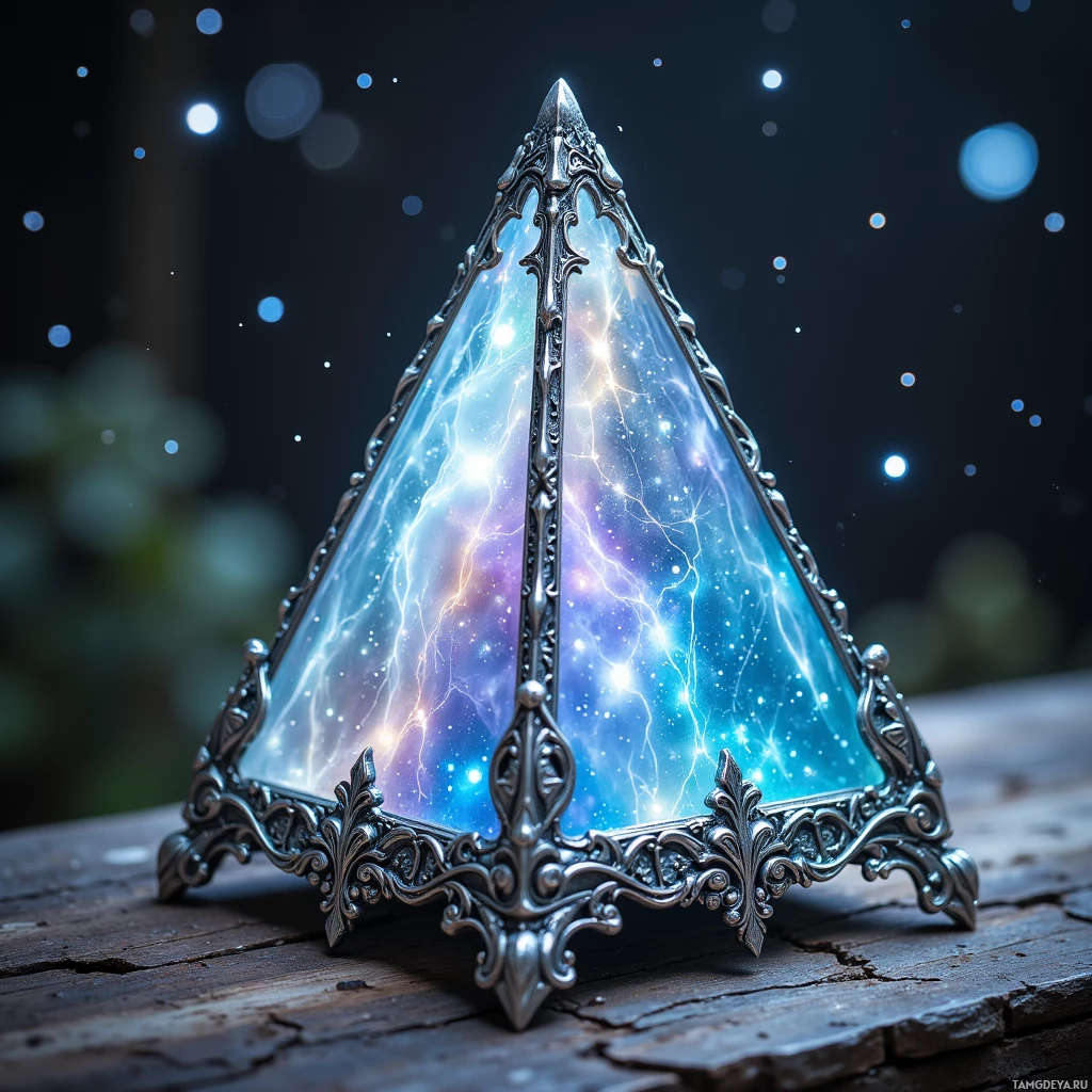 A triangular ornate object with a glowing, cosmic interior sits on a wooden surface.