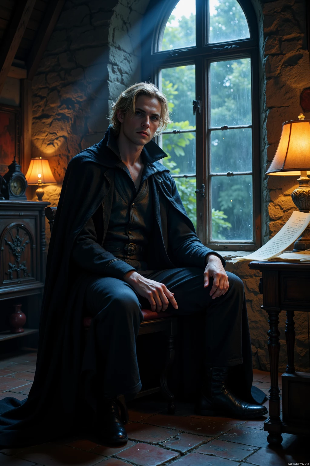 A man in a dark coat sits on a chair by a window in a dimly lit room.