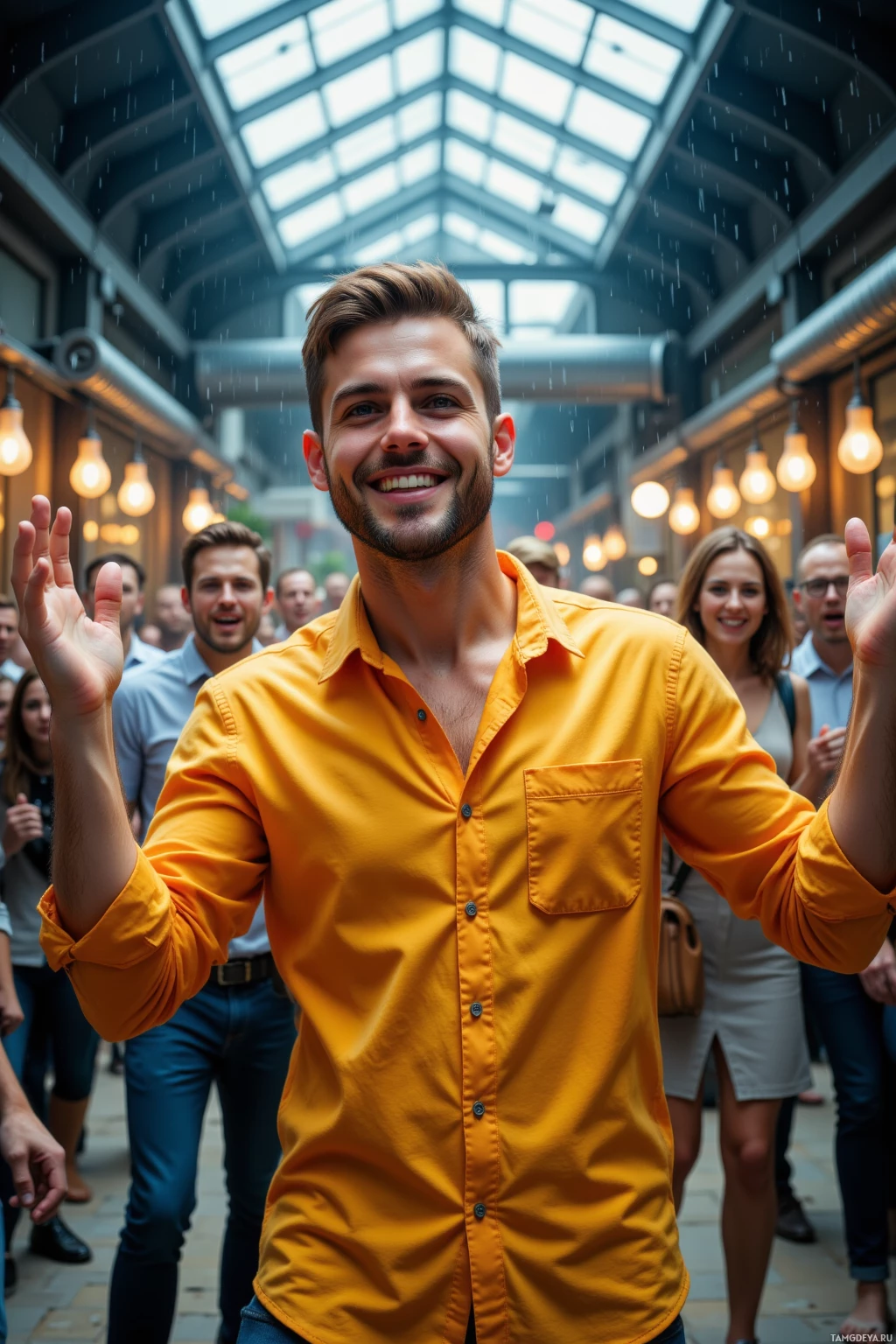 A man in a yellow shirt smiles and raises his hands in a crowd under a glass ceiling.