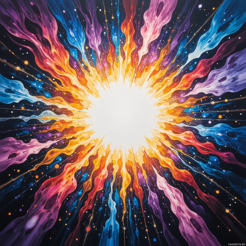 A vibrant cosmic explosion with radiating streams of colorful light against a dark background.