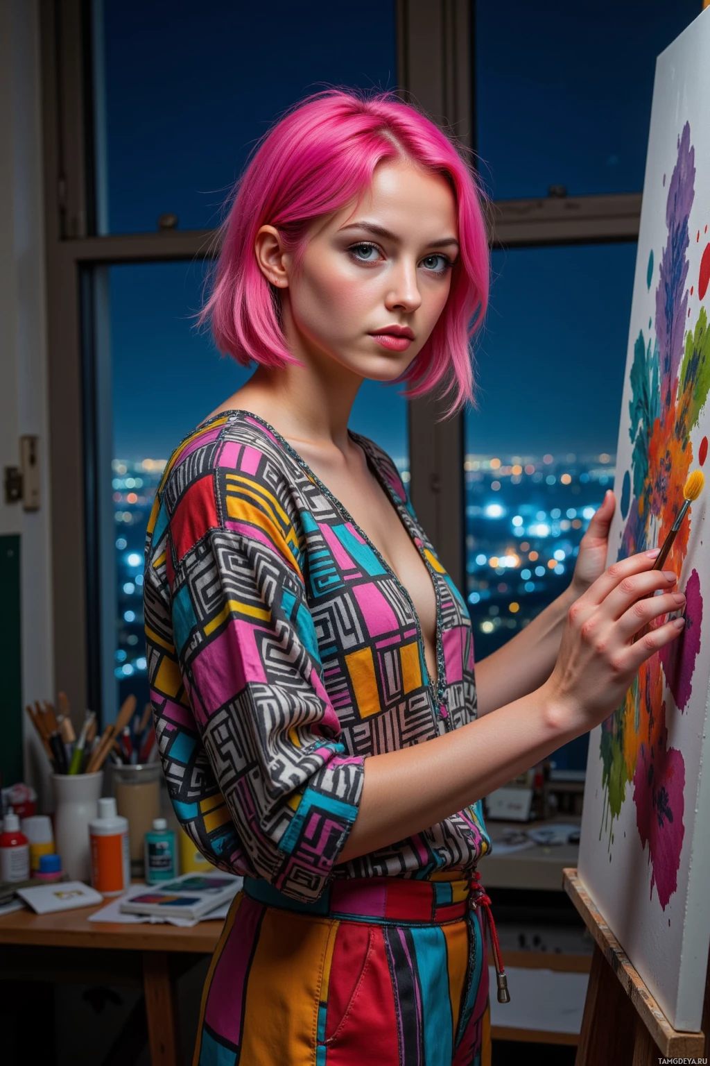 A person with pink hair is painting on an easel in a studio with a cityscape view.