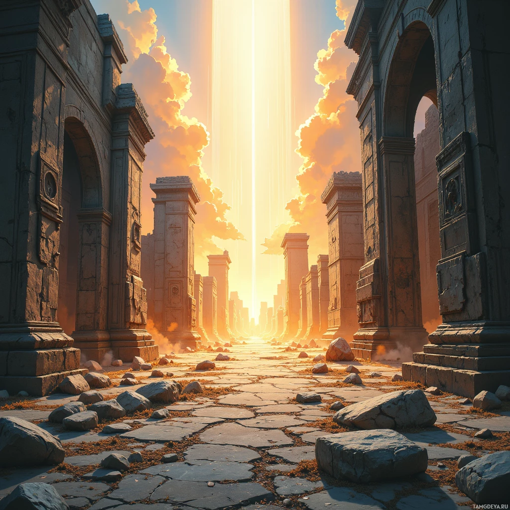 A sunlit ancient ruin with stone arches and columns leading towards a bright horizon.